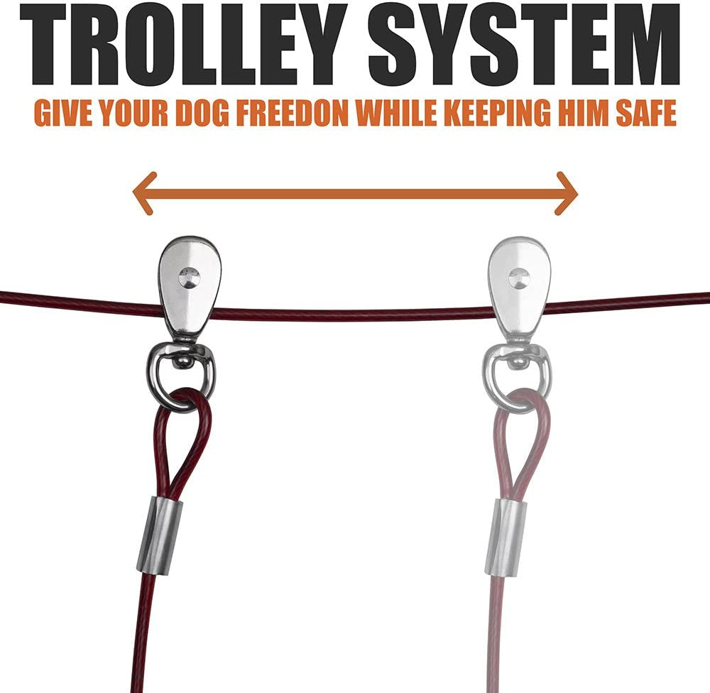 Dog Tie Out Trolley System for Yard - 60Ft Dog Run Cable with 10Ft Pulley Runner Lead - Heavy Duty Reflective Cable for Dogs up to 125 Lbs, Rust-Resistant & Tangle-Free Outdoor Runner