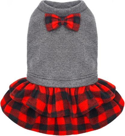 Small Dog Dress for Dogs Flannel Warm Dress Skirt with Bowknot New Year Holiday Thermal Winter Pet Clothes Doggie Dog Apparel Outfit Dresses