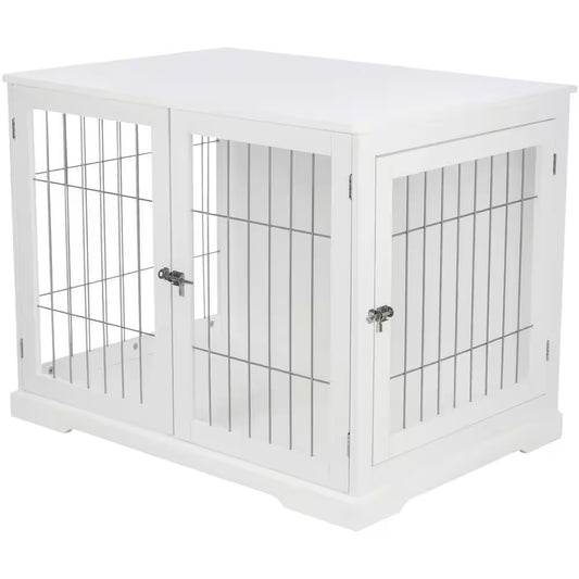 Furniture Style Dog Crate, Indoor Kennel, Pet Home, End Table or Nightstand with 2-Doors, White, Large