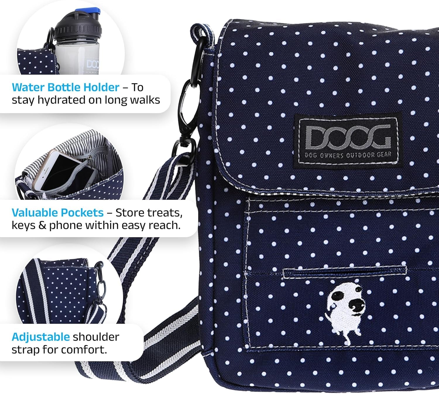 Walkie Bag - Adjustable Dog Treat Pouch Shoulder Bag with Poo Bag & Water Bottle Compartments - Comfort Fit for Everyday Use