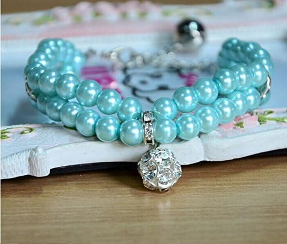 Luxury 2 Row Pearls Rhinestones Pet Cat Dog Necklace Collar Jewelry with Bling Crystal Ball Charm for Pets Cats Small Dogs Female Puppy Chihuahua Yorkie Girls (Blue, 8 to 10-Inch)