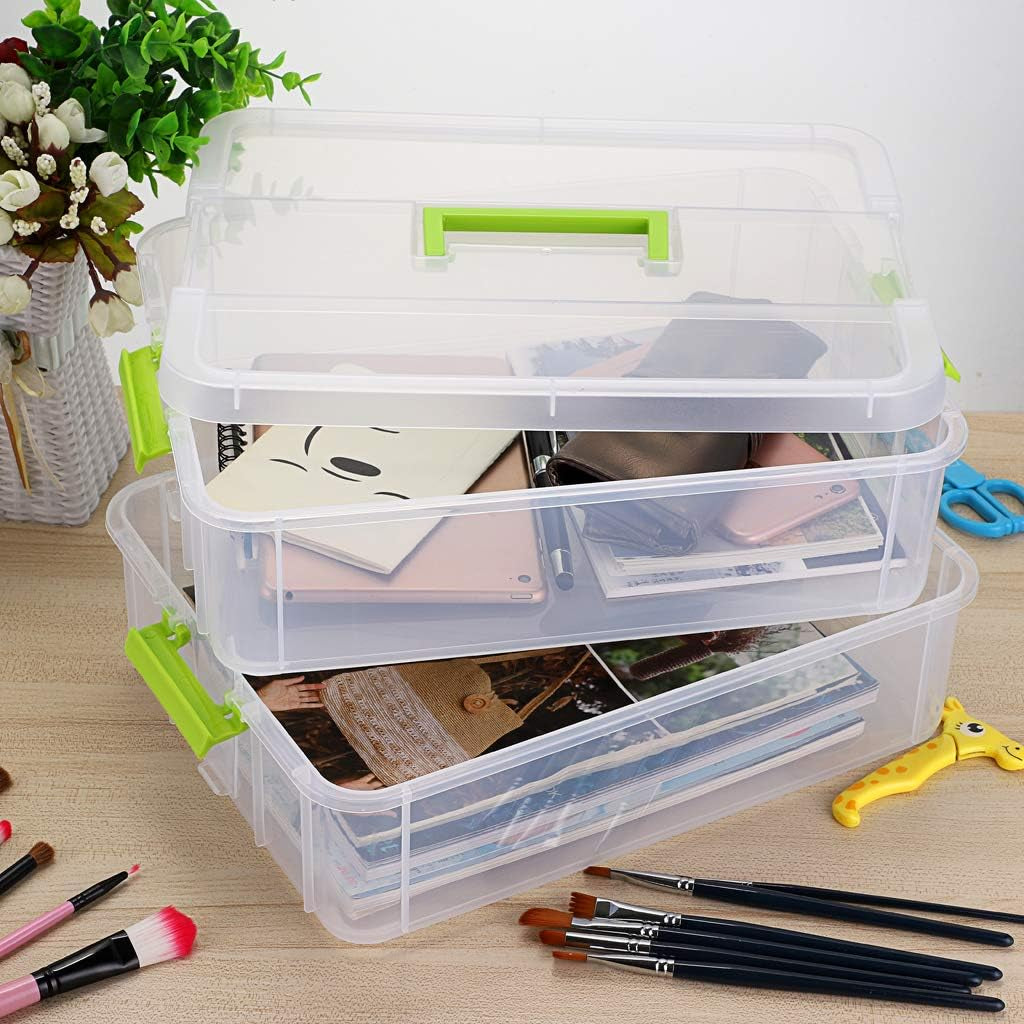 2 Layer Stack & Carry Box, Plastic Multipurpose Portable Storage Container Box Handled Organizer Storage Box for Organizing Stationery, Sewing, Art Craft, Jewelry and Beauty Supplies Green