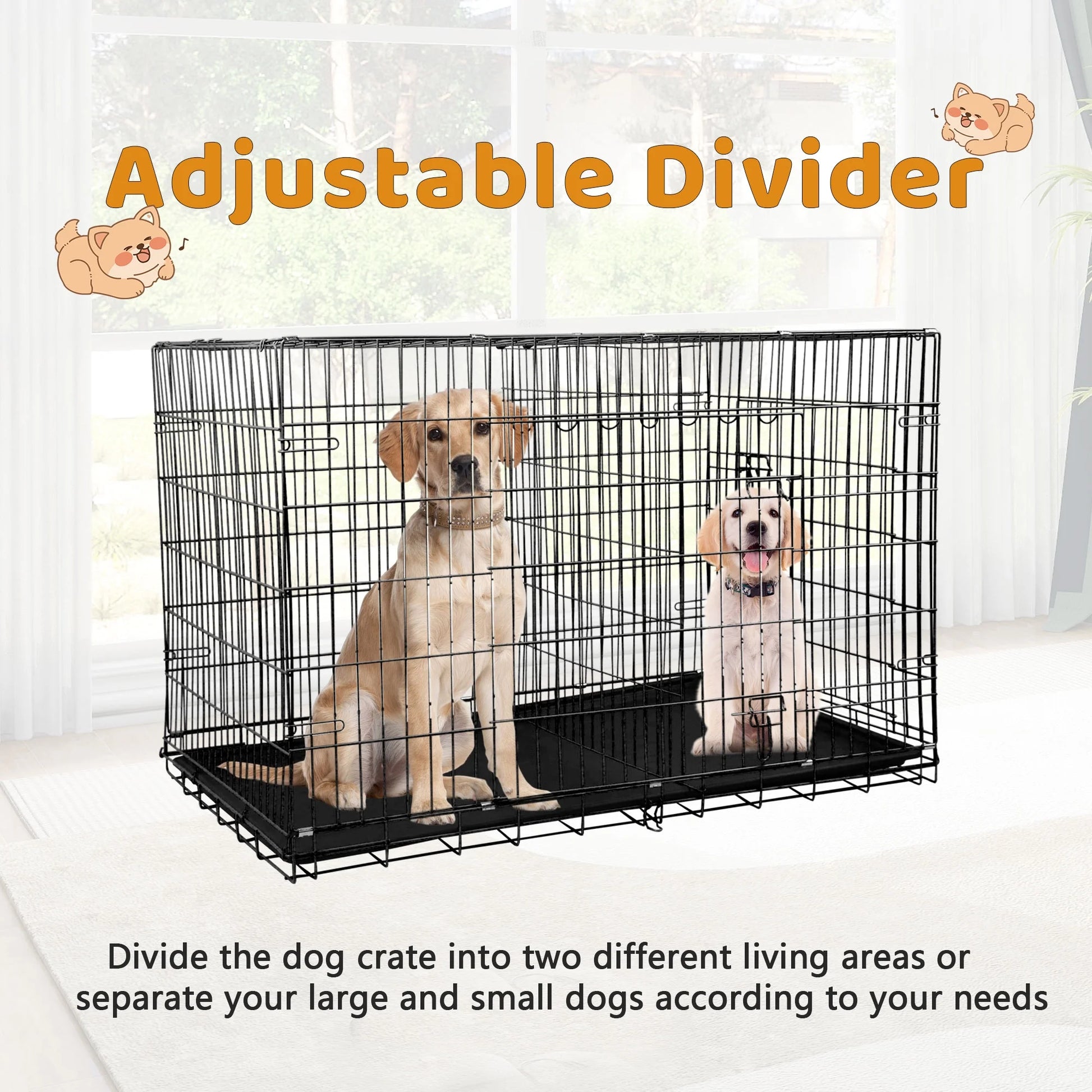 42 Inch Dog Crate, Dog Crates and Kennels Foldable Large Dog Crate for Large Dogs with Handle Double-Door Outdoor Metal Wire Dog Cage with Plastic Tray for Medium Dogs, Black