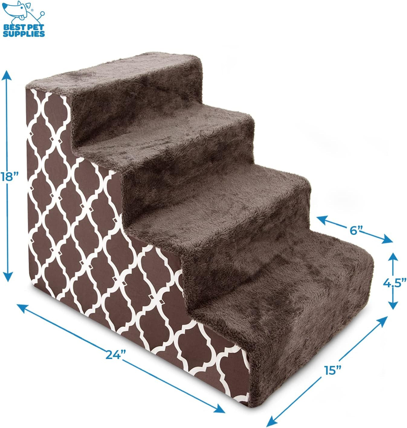 Dog Stairs & Steps - Foam Steps for Small Dogs & Cats, Non-Slip Indoor Balanced Pet Step Support, Dog Ramp, No Assembly, Brown Lattice Print, 4-Step (18-Inch Height)