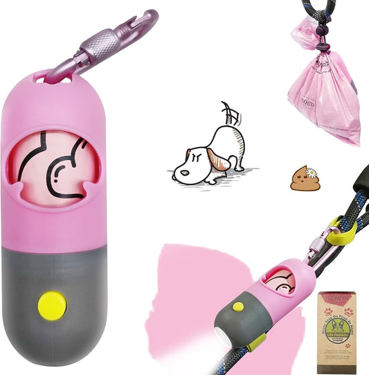 Dog Poop Bag Holder Dispenser with LED Flashlight - Night Visibility for Safe Evening Walks | Upgraded Hands-Free Leash Clip | Includes 15 Dog Waste Bags (Pink)