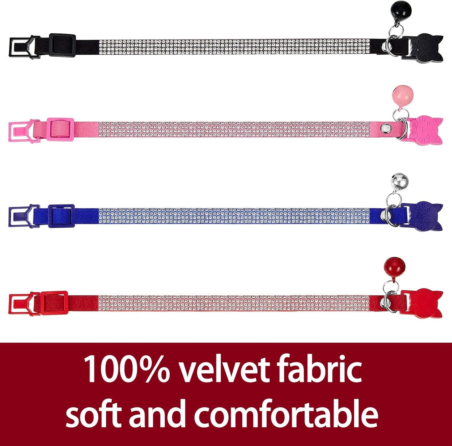 4 Pieces Rhinestones Cat Collars Breakaway Cat Collar with Bell Bling Pet Accessories with Soft Velvet, 4 Colors(S,Pink, Red, Black, Blue)