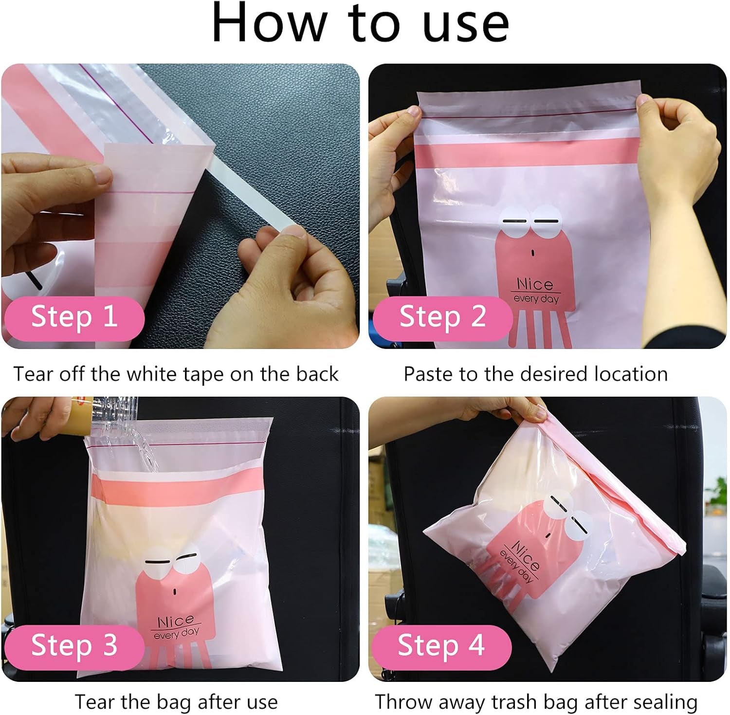 Portable Car Trash Bags, 30PCS Disposable, Green & Pink, Waterproof, Stick-On, Car, Office, Kitchen, Travel