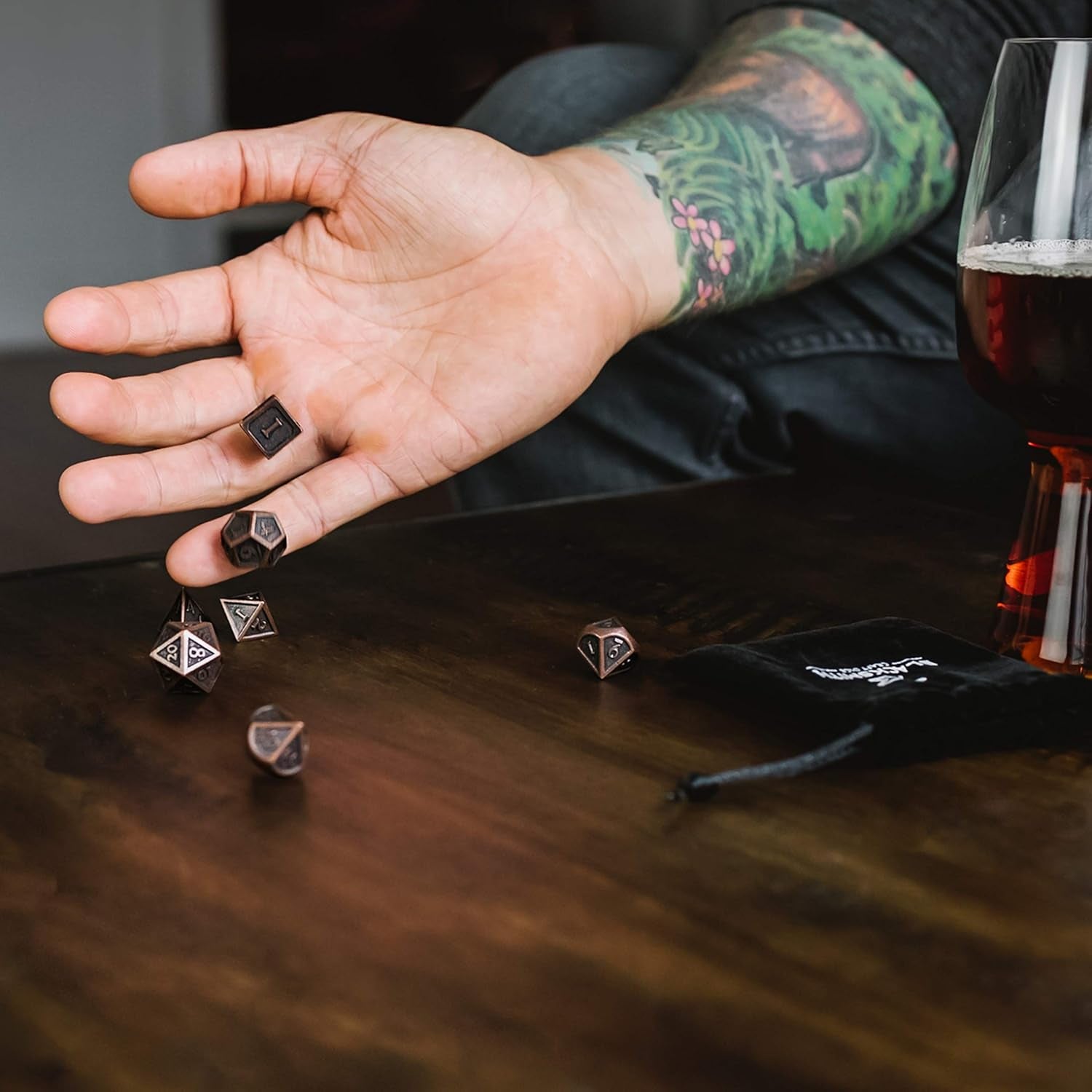 Metal DND Dice Set 7Pcs - Indestructible Metal Dice Set W/Dice Bag; D&D Dice Set D&D (Dungeons and Dragons Dice Set) W/ D20 Dice - Blacksmith Craft Dice (Weathered Bronze)