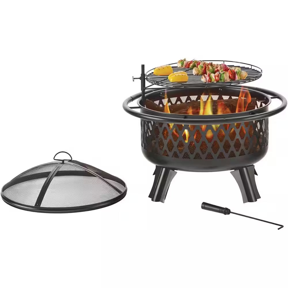Piedmont 29.6 In. W Black Steel Wood Outdoor Fire Pit with Screen and Poker Included