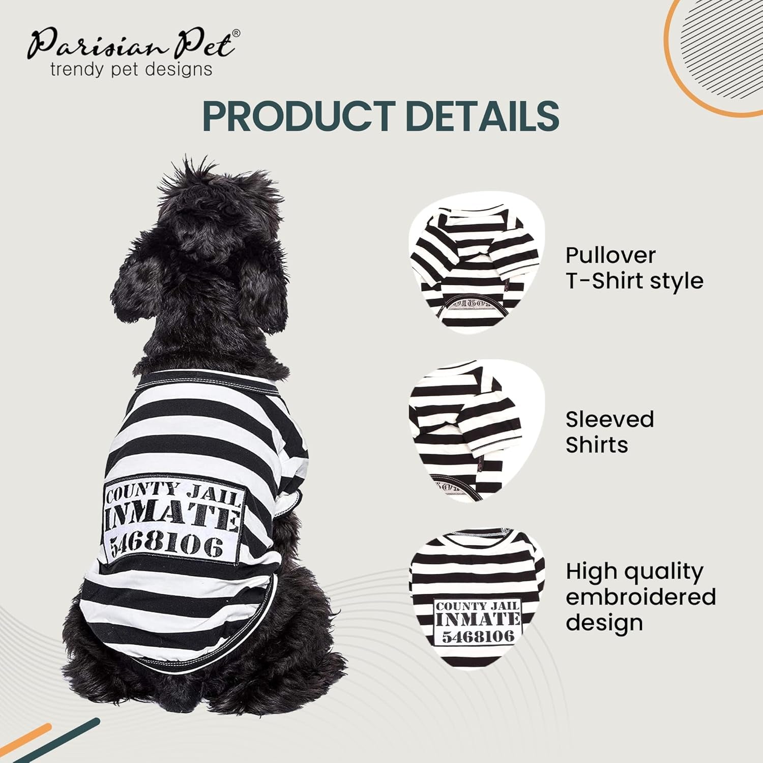 - Medium Dog Shirt - Black & White Striped - Cotton & Polyester - Sleeved & Lightweight - Prisoner Dog Theme