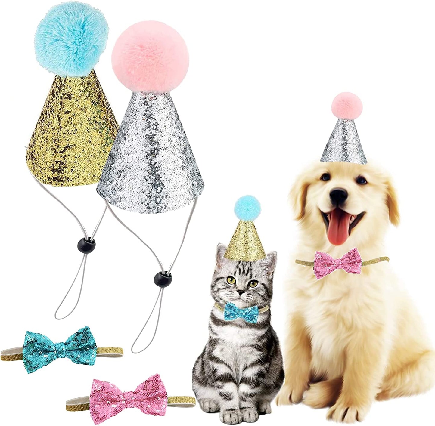 Christmas Pet Party Jazz Hat and Blingbling Bow Tie Breakaway Collar Set, Adjustable Headband for Kitten Puppy Small Dogs Cats (2/Pink+Light Blue)