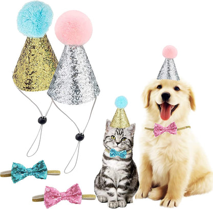 Christmas Pet Party Jazz Hat and Blingbling Bow Tie Breakaway Collar Set, Adjustable Headband for Kitten Puppy Small Dogs Cats (2/Pink+Light Blue)