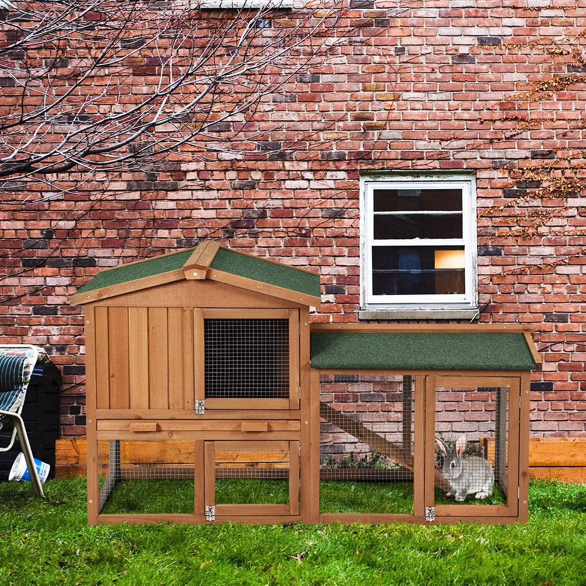 Rabbit Hutch Indoor and Outdoor, 58-Inch Bunny Cage with Removable Tray & Ramp, Wood Chicken Coop with Waterproof Roof for Rabbits, Chicken and Guinea Pigs