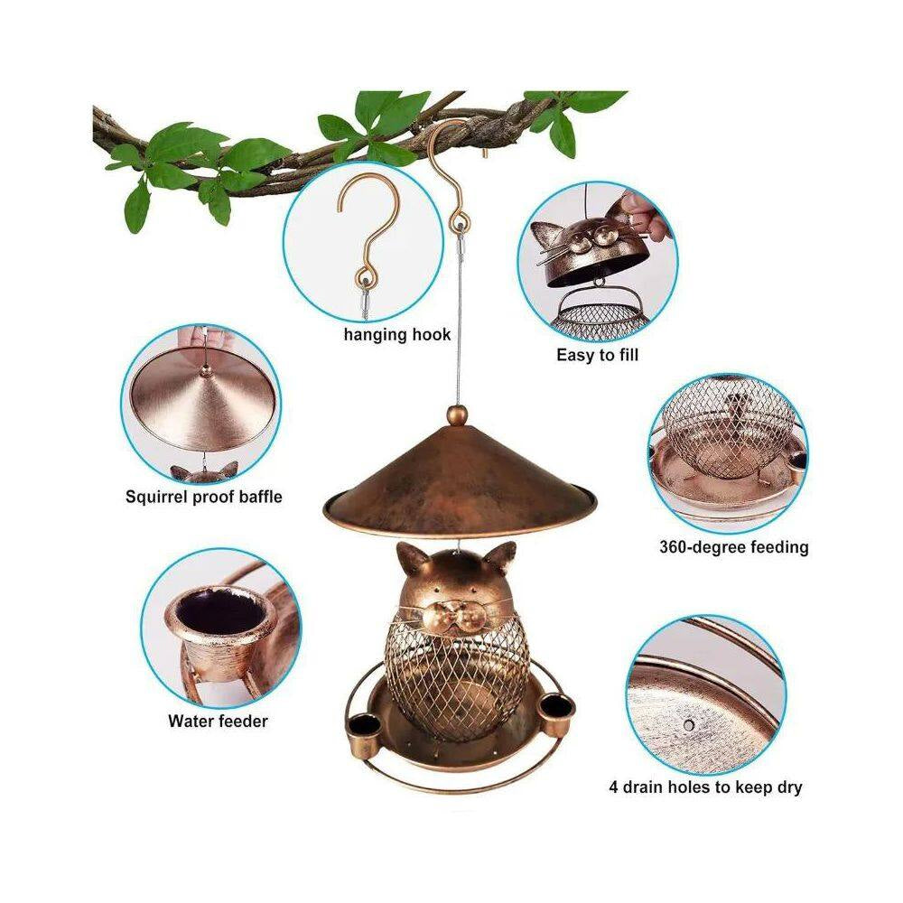 Outdoor Hanging Bird Seed Feeder with 360° Feeding Ports, round Perch, Metal Construction and Weatherproof in Copper