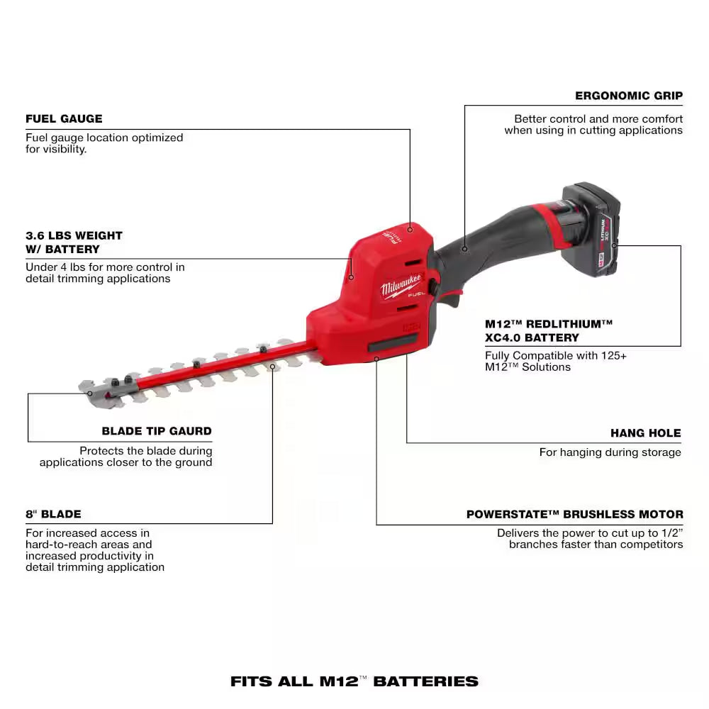 M12 FUEL 8 In. 12V Lithium-Ion Brushless Cordless Hedge Trimmer Kit with 6.0Ah and 4.0Ah Battery and Charger