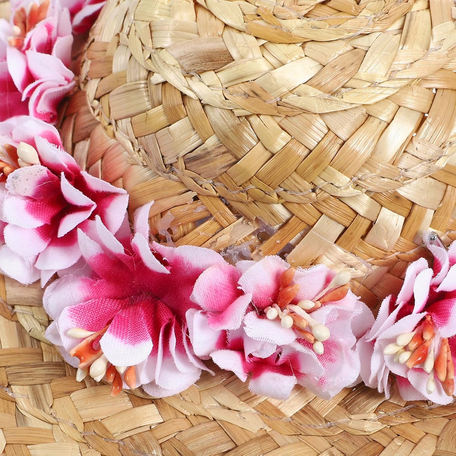 Dog Straw Hats with Floral-Pet Sombrero Adjustable Hawaii Garden Sun Bucket Cap for Small Dogs Puppy Cats-Size L