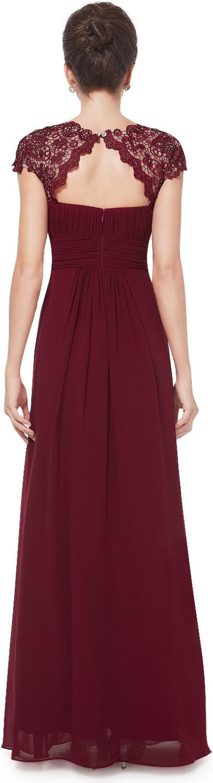 Women'S Cap Sleeve Ruched Lace round Neck Chiffon Formal Evening Gowns 09993-US