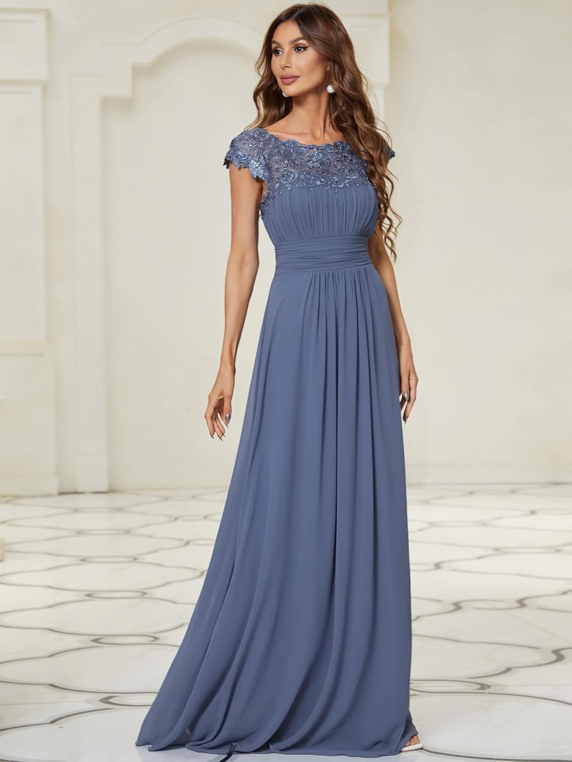 Women'S Cap Sleeve Ruched Lace round Neck Chiffon Formal Evening Gowns 09993-US