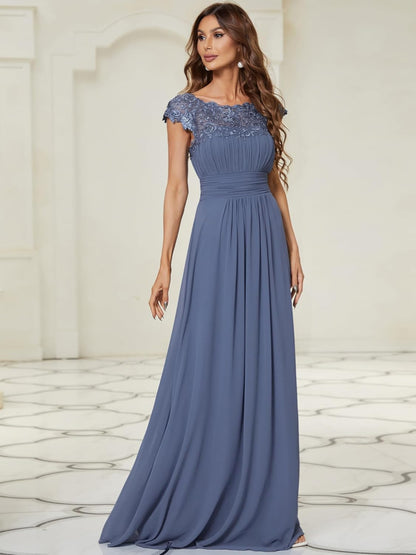 Women'S Cap Sleeve Ruched Lace round Neck Chiffon Formal Evening Gowns 09993-US