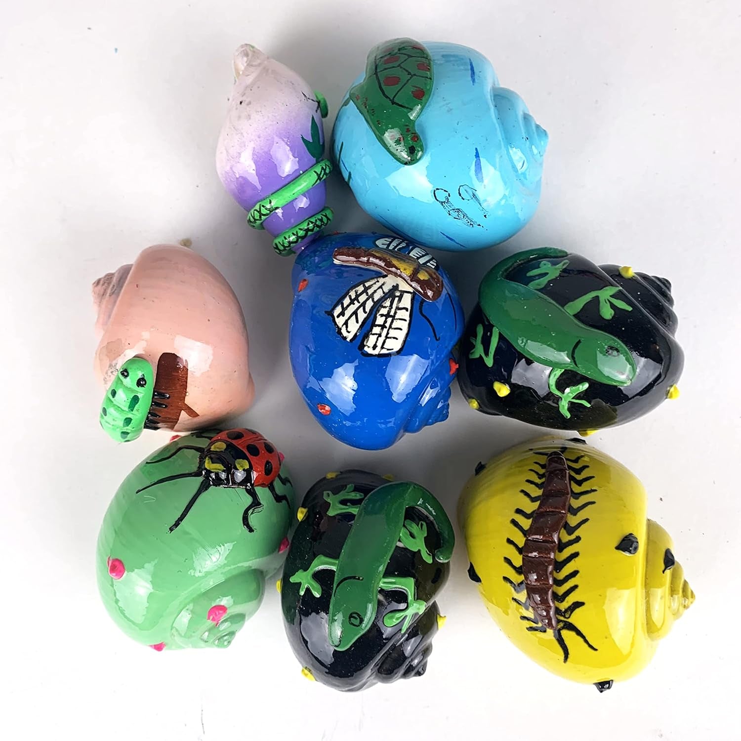 Assorted Creature Designs Painted Hermit Crab Shells for Home Decorations and DIY Crafts 8Pc(Approx 2" Inch)