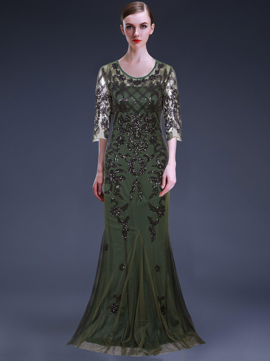 Vintage 1920S Long Wedding Prom Dresses 2/3 Sleeve Sequin Party Evening Gown