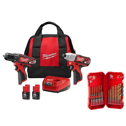 M12 12V Lithium-Ion Cordless Drill Driver/Impact Driver Combo Kit (2-Tool) with Titanium Drill Bit Set (23-Piece)