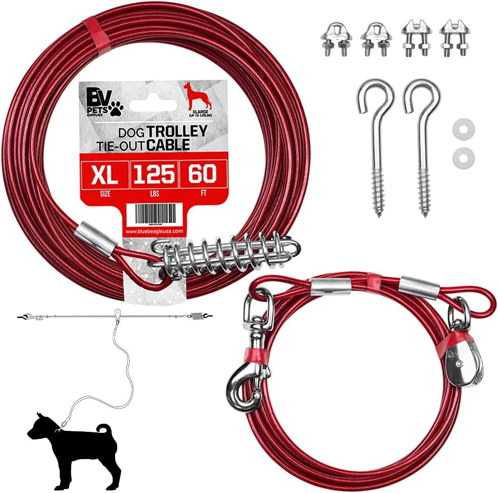 Dog Tie Out Trolley System for Yard - 60Ft Dog Run Cable with 10Ft Pulley Runner Lead - Heavy Duty Reflective Cable for Dogs up to 125 Lbs, Rust-Resistant & Tangle-Free Outdoor Runner
