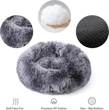 Calming Donut Dog Bed for Small to Medium Dogs & Cats - Plush Faux Fur Anti-Anxiety Pet Bed with Machine Washable Cover & Non-Slip Base