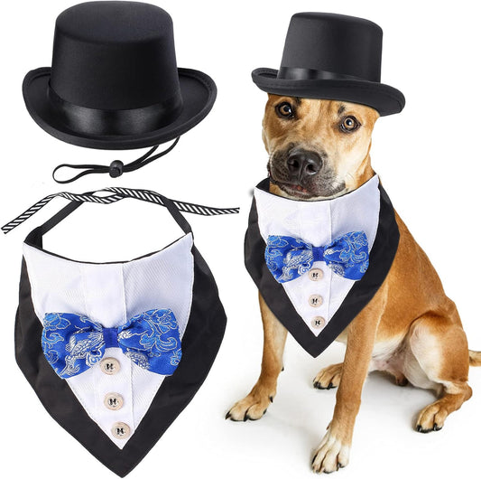 2 Pieces Pet Formal Accessories Set - Pet Top Hat with Formal Pet Tuxedo Bandana Collar Birthday Party Gradation Halloween Costumes Accessories for Dog Cat (Set-C) One Size