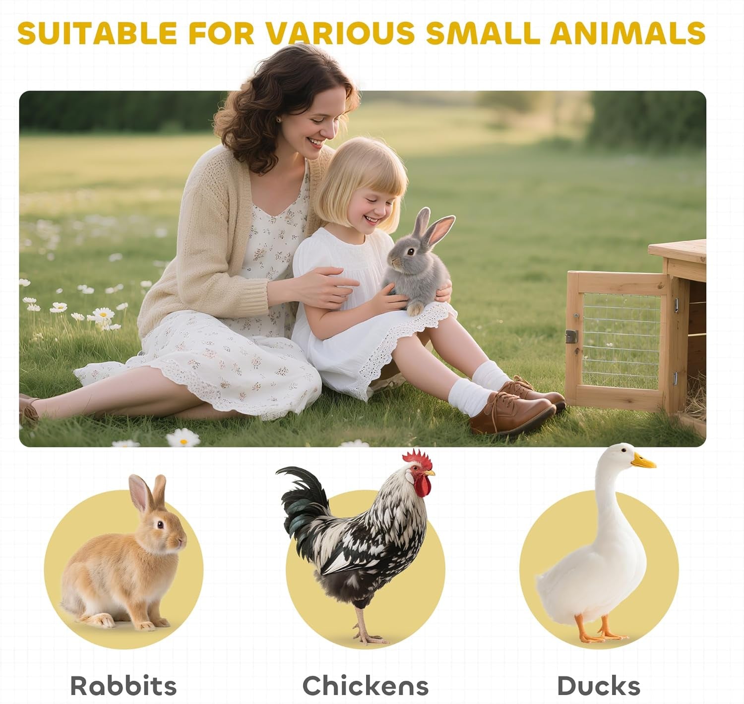 Wooden Bunny Rabbit Hutch, Small Animal Habitat with Ramp, Removable Tray & Weatherproof Roof, for Rabbits, Chickens, Ducks, Indoor/Outdoor, Brown