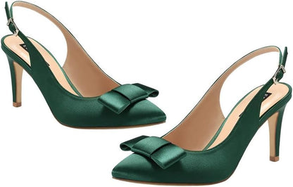 Pointy Toe Pumps Mid Heels Wedding Evening Party Prom Slingback Satin Shoes