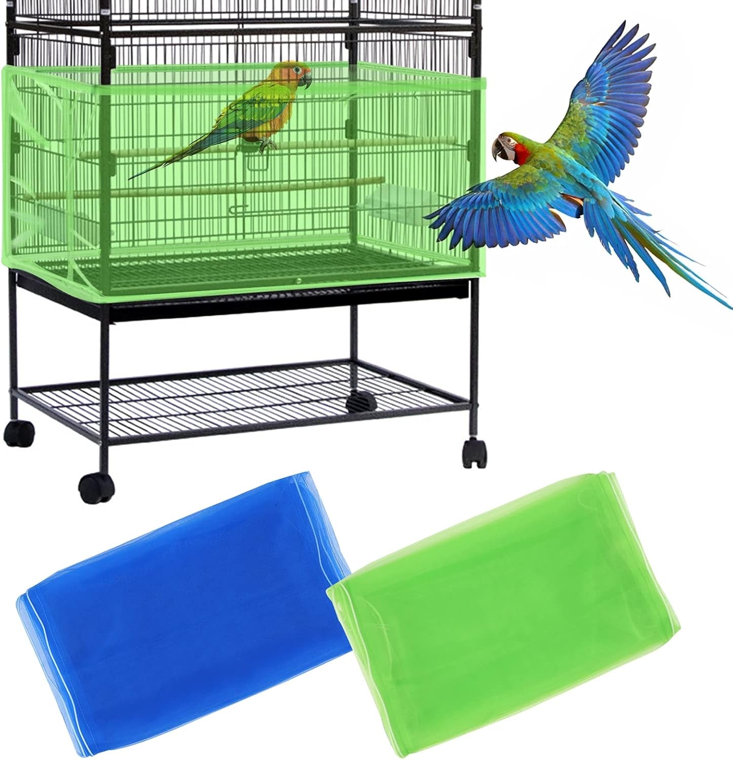 2Pcs Large Bird Cage Cover, Bird Cage Seed Catcher, Adjustable Soft Airy Nylon Mesh Net, Birdcage Cover Skirt Seed Guard for Parrot Parakeet Macaw African round Square Cages (Blue + Green)