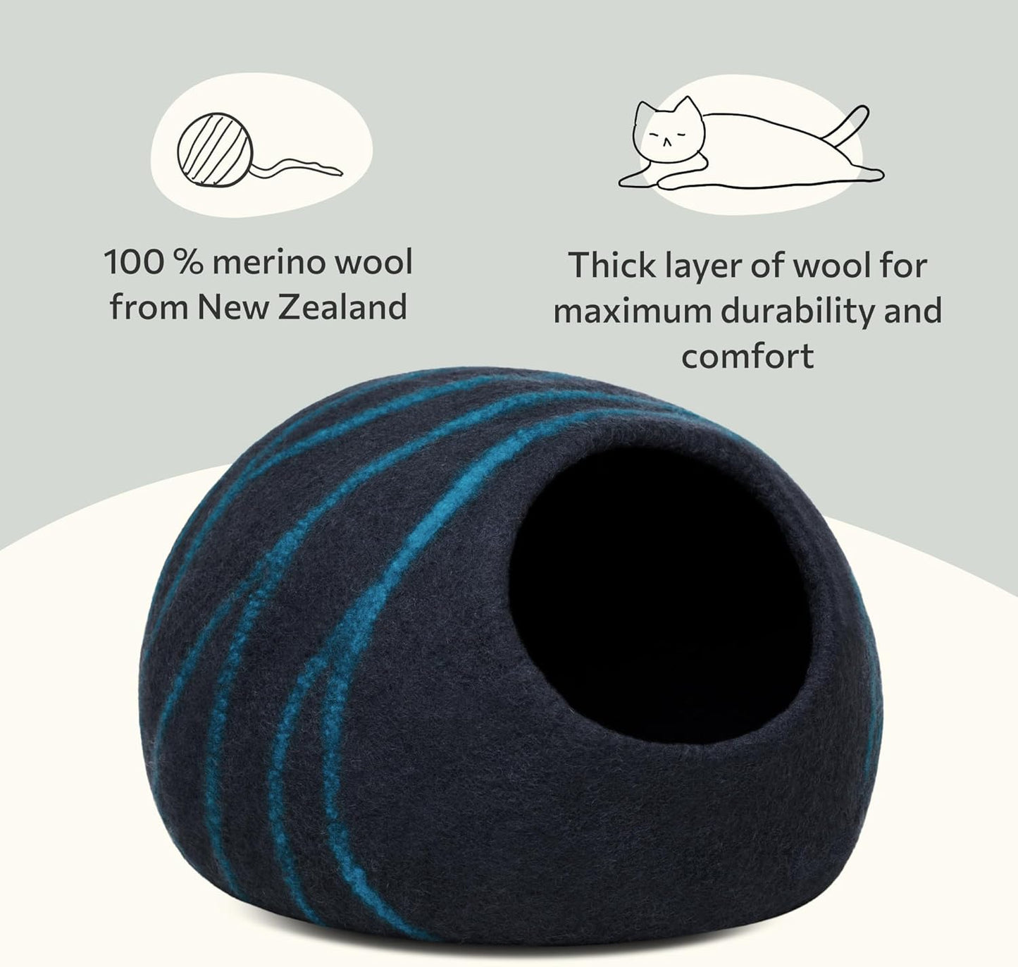 Cat Cave – Premium Felt Cat Bed for Indoor Cats, Handmade 100% Merino Wool (Dark Shades) (Large, Black Aqua)