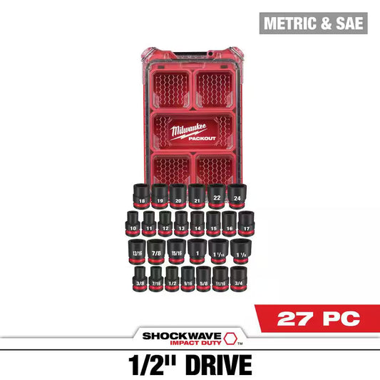 SHOCKWAVE Impact-Duty 1/2 In. Drive Metric and SAE Standard Impact PACKOUT Socket Set (27-Piece)