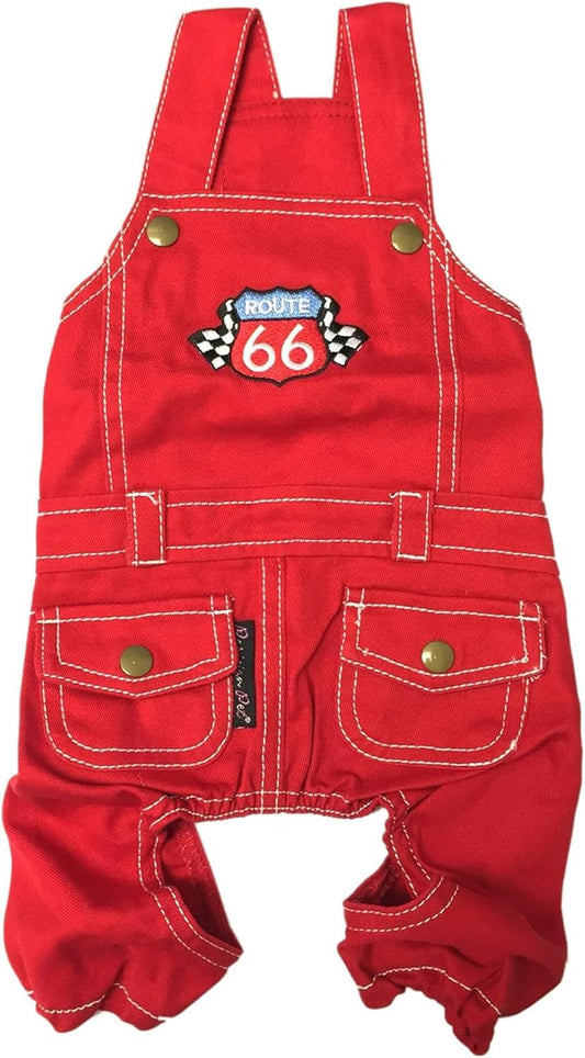 Denim Overall - Embroidered Route 66 ' Red Jumpsuit - Breathable & Washable Dog Outfit - Dog Overalls XL