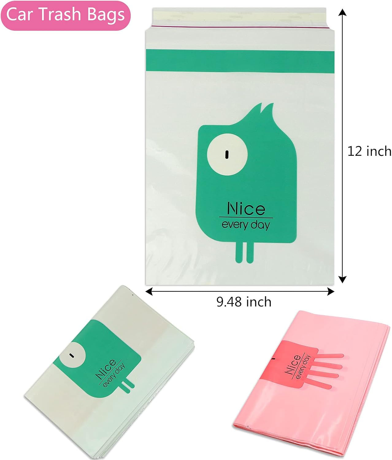 Portable Car Trash Bags, 30PCS Disposable, Green & Pink, Waterproof, Stick-On, Car, Office, Kitchen, Travel