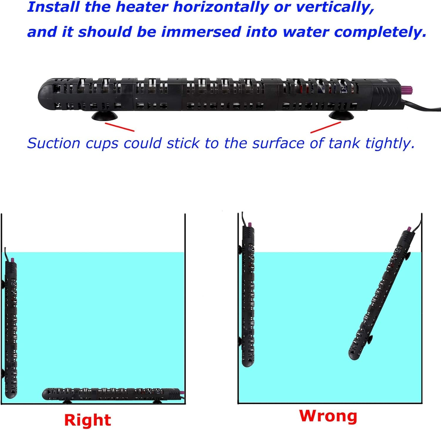 100W/300W/500W Aquarium Heater 500 Watt Fish Tank Heater Submersible Auto Thermostat Turtle Tank Heater 40-90 Gallon with Protective Sleeve and 3 Suckers