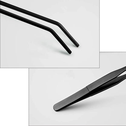 2PCS Aquarium Tweezers Stainless Steel Straight and Curved Tweezers Set Long Handle Reptile Feeding Tongs for Aquatic Plants Lizards Spider Snakes Garden Repairing - 10.6Inch, Black
