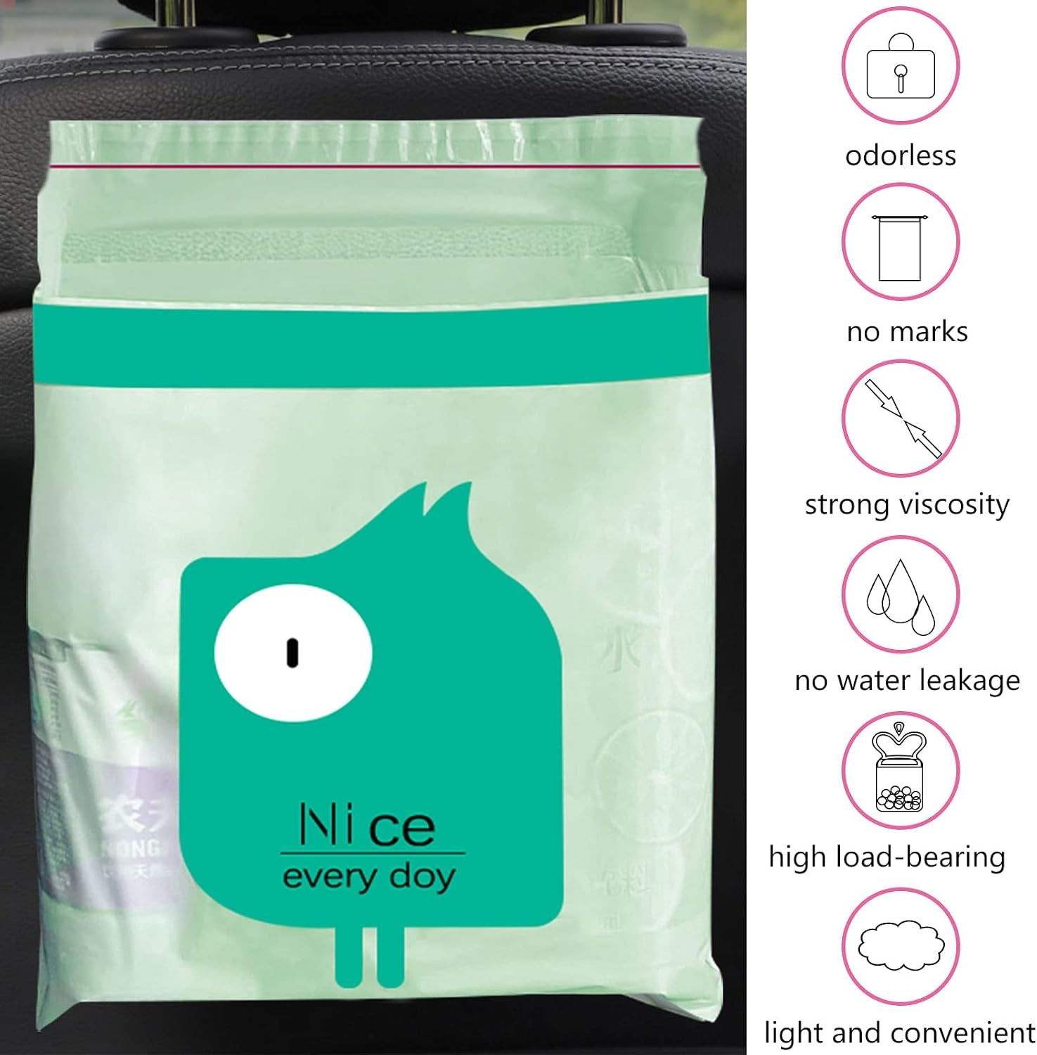 Portable Car Trash Bags, 30PCS Disposable, Green & Pink, Waterproof, Stick-On, Car, Office, Kitchen, Travel