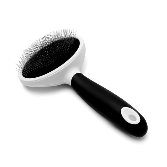 Slicker Pet Brush - Angled Fine Steel Wires - Ergonomically Designed Rubberized Handle for Comfort & Control - Remove Shedding & Matted Hair - Tool for Grooming Dogs & Cat