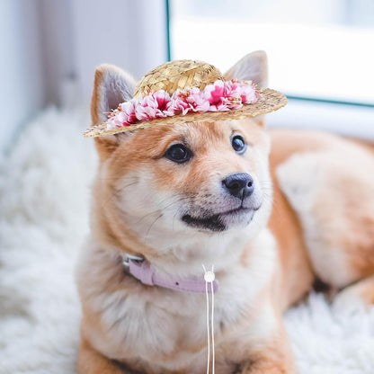 Dog Straw Hats with Floral-Pet Sombrero Adjustable Hawaii Garden Sun Bucket Cap for Small Dogs Puppy Cats-Size L