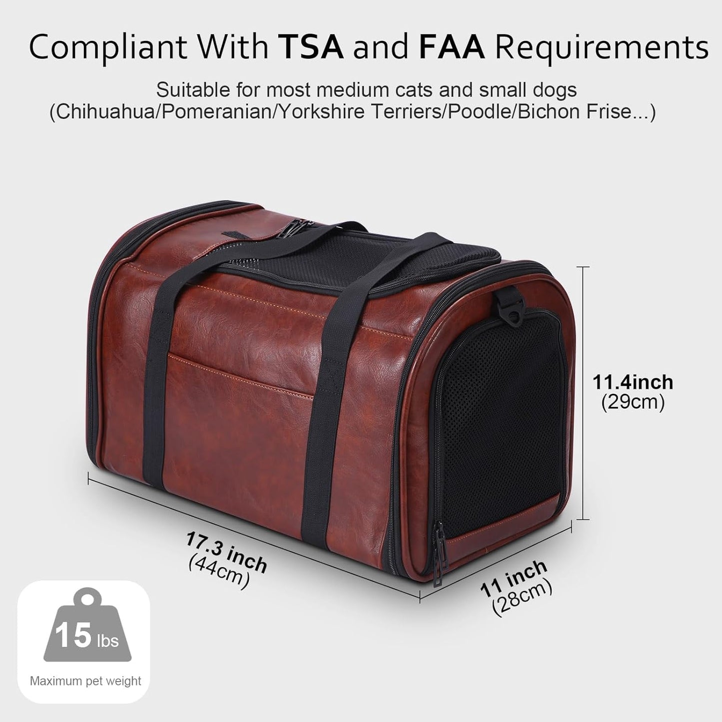 Fashion Leather Dog Carrier Cat Carrier Airline Approved Pet Carrier for Small Medium Dogs Cats under 15Lbs, Collapsible Soft Sided Travel Puppy Carrier Coffee