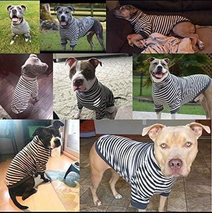 Large Dog Pullover – Breathable Cotton & Spandex with Full Underbelly Coverage – White & Gray Striped Shirt for Allergy & Summer Protection (XXL)