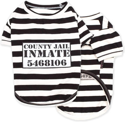 - Medium Dog Shirt - Black & White Striped - Cotton & Polyester - Sleeved & Lightweight - Prisoner Dog Theme