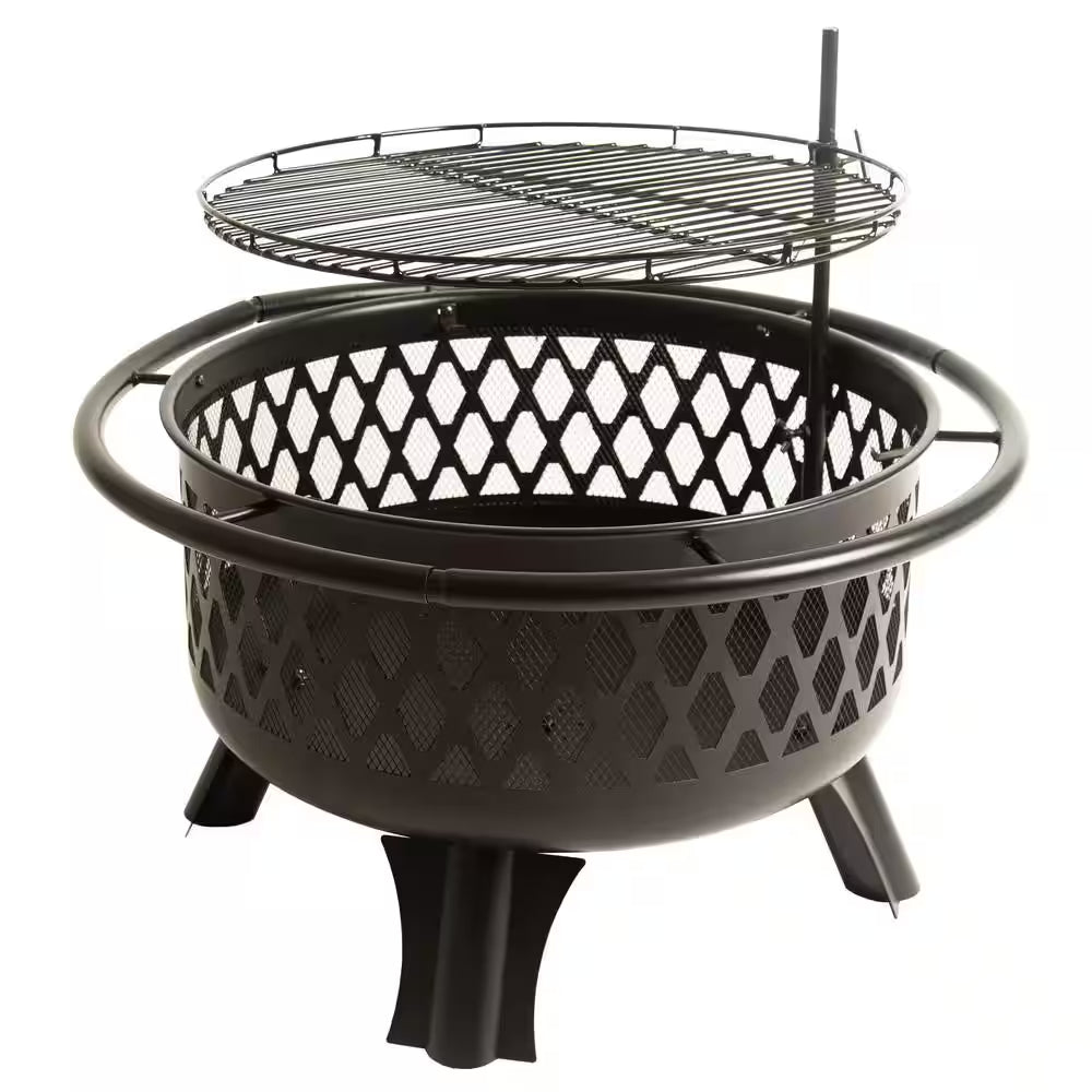 Piedmont 29.6 In. W Black Steel Wood Outdoor Fire Pit with Screen and Poker Included