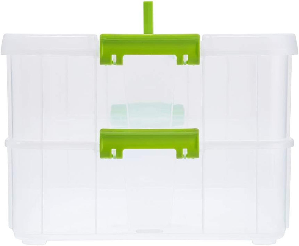 2 Layer Stack & Carry Box, Plastic Multipurpose Portable Storage Container Box Handled Organizer Storage Box for Organizing Stationery, Sewing, Art Craft, Jewelry and Beauty Supplies Green