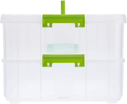 2 Layer Stack & Carry Box, Plastic Multipurpose Portable Storage Container Box Handled Organizer Storage Box for Organizing Stationery, Sewing, Art Craft, Jewelry and Beauty Supplies Green