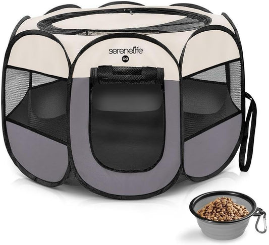 On-The-Go Foldable Portable Pet Tent 8-Panel Playpen for Dog & Cat W/Food/Water Bowl, Mesh Exercise Puppy Playground, Pet House Indoor & Outdoor, Travel & Camping Pet Kennell (Grey- Large)