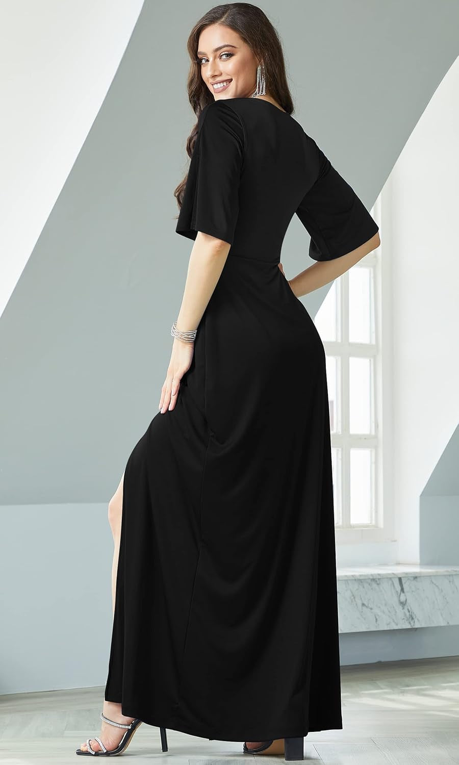 Womens2025 Long Short Sleeve V-Neck Sexy Slimming Casual Summer Maxi Dress