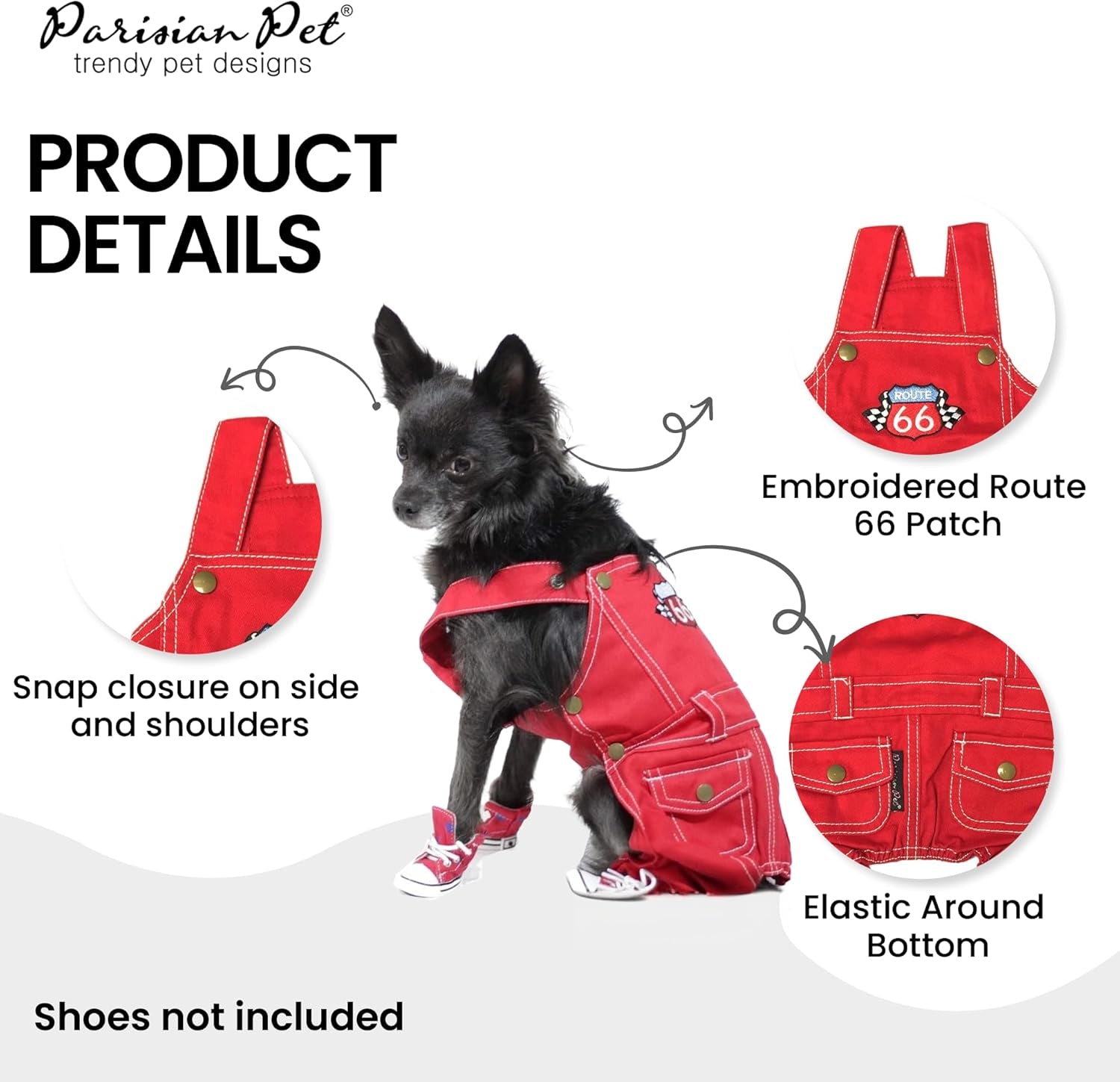 Denim Overall - Embroidered Route 66 ' Red Jumpsuit - Breathable & Washable Dog Outfit - Dog Overalls XL